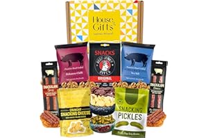 HOUSE OF GIFTS Savoury Snacks Hamper Gift Set with Pork Crackling, Beef Jerky, Cheese Bites, Salami & Pickles – Pub Treats Box & Snack Gifts for Her, Ideal Dad Treat Box or Fathers Day Present for Him