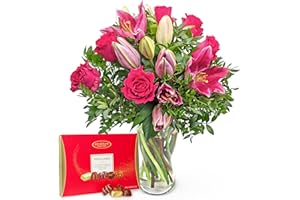 PRESTIGEFLOWERS Roses et lys - fleurs - bouquet frais - fleurs d'anniversaire - fleurs du lendemain - fleurs d'anniversaire - Bouquet de fleurs - Fraiches a livrer (Roses et lys avec chocolats)