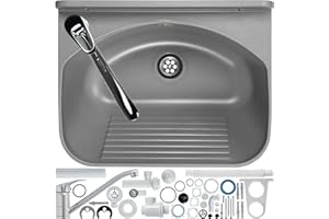 GOSPO Fregadero con grifo giratorio, sifón, lavabo 46 x 36 x 20 cm, lavadero para garaje, lavabo, sótano, montaje en pared, en placa, fregadero, incluye accesorios (gris)