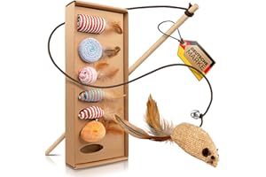 ANIMALS FINEST Katzenspielzeug Natur 7 Teile Set, Maus aus Plüsch und Sisalseil mit Federn inkl. Katzenangel aus Holz, interaktives Katzen Spielzeug zur selbstbeschäftigung, fördert Koordination von Kitten