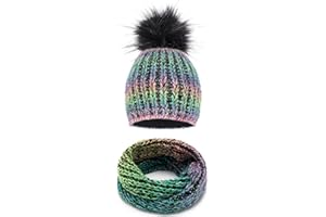 Solvera_Ltd Mütze mit Schal Set Damen, für Winter Warme Strickmütze, Wintermütze & Loop mit Kunstfell Bommel, Gefütterte Strickset, Beanie mit Fellbommel + Schlauchschal, Einheitsgröße