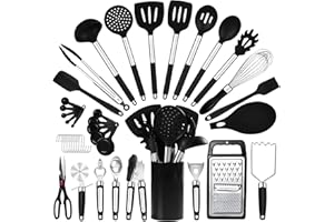 RFAQK 40PCs Silicone Kitchen Utensils Set with Holder 446℉ Heat Resistant,BPA Free Cooking Utensils Set, Silicone Utensil Set Includes Can Opener, Potato Smasher,Peeler,Tongs,Spatula Set,Pizza Cutter