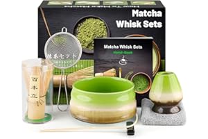 kurkip Kit de ceremonia japonesa de matcha de 7 piezas, batidor de matcha de bambú natural, cuenco de matcha, cuchara de bambú, colador, paño de cocina, soporte para batidor, juego completo de matcha