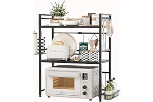 ‎NETEL NETEL Erweiterbares Mikrowellen Regal 3-stufiges Mikrowellenständer Organizer küchenregal stehend für arbeitsplatte Bäckerregale mit Papierhandtuchhalter und Gewürzregal, schwarz, Ausziehbar 40-60cm