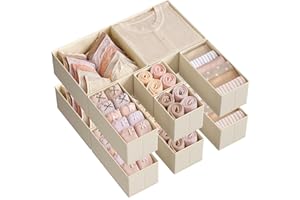 SONGMICS Drawer Organisers, Dresser Dividers, Set of 12, Foldable Fabric Storage Boxes for Socks, Underwear, Bras, Ties, Scarves, Summer Sand RDZ006Y02