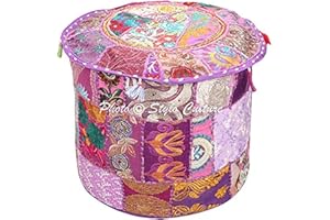 Stylo Culture Ottoman Pouffe Footstool Cover Bench Large Purple Indian Embroidered Patchwork Cotton Traditional Round Fabric Pouf Ottoman Cover (22x22x13 Inch) 55cm (COVER ONLY)