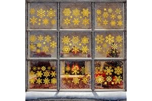 GUGATAD Decorazioni Natalizie,Adesivi Natalizi per Finestre,9 Fogli Oro Natale Vetrofanie Fiocco di Neve, Natale Vetrofanie Addobbi,per Negozi Vetrina Adesivi per Finestre Natalizie