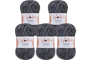‎WOLLIDU Wollidu Gina Chenille Garn zum Stricken und Häkeln 5 x 100g/120m Set 100% Polyester - Anthrazit Dunkelgrau