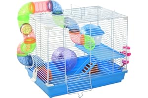 Pawhut 2 Tier Hamster Cage, Gerbil Cage with Handle, Exercise Wheels, Tunnel, Tube, Water Bottle, Dishes, Ladder, for Dwarf, Blue
