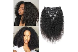 EINbeauty Kinky-Curly Human Hair Clips Extension a Clip Cheveux Naturel 120g-8pcs Invisibles à Clip Human Hair Clips ins Perruques Pour Femmes Noires Clip Extension Brazilian Virgin Cheveux 16"