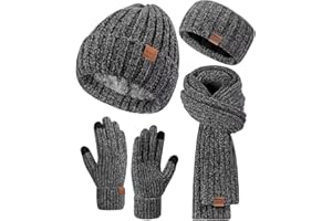 Winuesa Stirnband, Mütze, Schal & Handschuh-Sets für Damen, Chenille Beanie Mütze Mit Fleece Gefüttert Ohrenwärmer Stricken Schal Touchscreen Handschuhe Warm 4-in-1 Geschenk Set（Dunkelgrau）