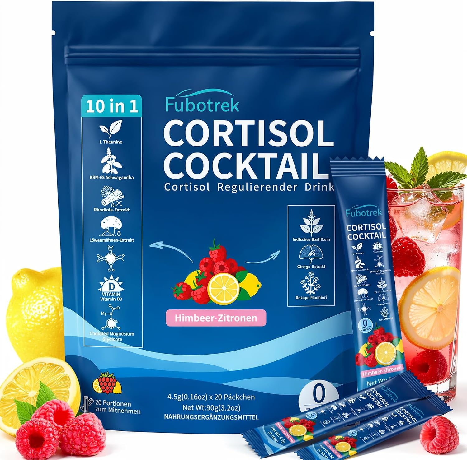 10 IN 1 Cortisol Cocktail Pulver, 20 Stücks Cortisol Senken zum Abnehmen Mit Ashwagandha, L-Theanin, Magnesiumglycinat, Vitamin D3-Für schlafen, Entspannt, Stress Reduzieren & Konzentration