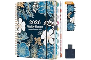 NEYSA Agenda 2026 Semainier Spirale de Janvier à Décembre 2026 (12 mois) A5 Agenda Scolaire Avec boucle de stylo,Règle Signet & Autocollants de plan (Bleu et blanc)