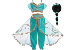 Monissy Niña Aladdin Princesa Jasmine Disfraz Tops Pantalones Manga Corta Traje Cosplay Actuación Carnaval Navidad Regalo Cumpleaños Danza Vientre Vestido de Princesa 3-10Años 110-150cm
