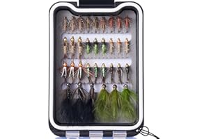 Bassdash Fly Fishing Lures Kit with Box Nymph Beadhead Wet Fishing Dry Flies for Trout Bass Salmon (33pcs barbed and barbless trout flies)
