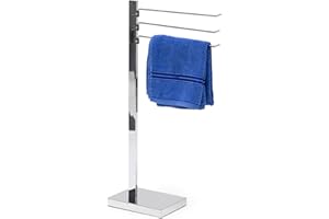 Relaxdays Chrome-plated towel rack, free-standing towel holder with 3 arms, freely rotating towel bars, chrome-plated steel bath towel holder with plastic base plate, silver