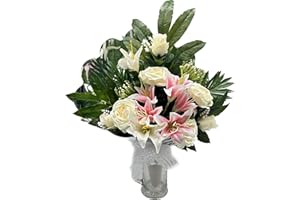 PLUS HOME Ramo para Cementerio de Flores Artificiales de Tela para Todos los Santos Medida 71cm.ENCARADO PEONIA Lily Blanco Ramo Lilium