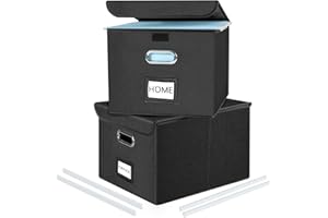 FINEW Lot de 2 boîtes de rangement pliable en tissu avec couvercle, matériau en cuir amélioré, boîte à dossiers suspendus DIN A4, boîtes de rangement pour bureau, boîte pliable pour familles (noir)