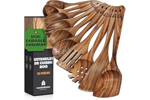 WOODENHOUSE Ustensiles de cuisine bois - Ensemble premium en teck de 10 pièces avec cuillère en bois et spatule cuisine - facile à nettoyer - Léger, résistant à la chaleur, durable et anti-rayures