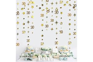 PINKBLUME Gold 30th Birthday Decorations Number 30 Circle Dot Twinkle Star Garland Metallic Hanging Streamer Bunting Banner Backdrop for Her Happy Dirty 30 Year Old Birthday Thirty Anniversary Party Supplies