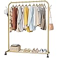Clothes Rail, Portable Clothes Rack with Hook and Metal Storage Shelf, Heavy Duty Clothes Rail on Wheels, Clothing Rail Clothes Rails for Bedroom, Hanging Rails for Clothes, Holds up to 40 kg, Golden