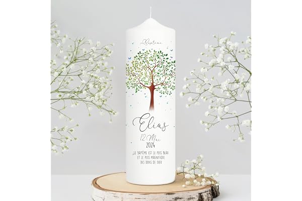Wandtattoo Loft Cierge de baptême pour garçon et fille arbre de vie, cierge de baptême 25x7 cm, avec nom, date et texte selon l'image