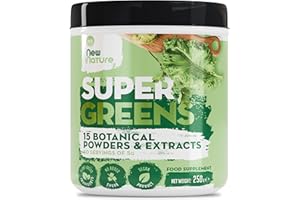 New Nature Super Greens in Polvere - 250g (50 Dosi) - 15 Superfood - Spirulina, Clorella, Tè Verde - Vegan, Senza Zuccheri, Made in Germany