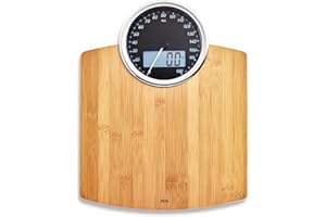 ADE Balance Pese personne numérique avec affichage analogique | grand écran | résultats très précis jusqu'à 180 kg | surface de pesée en véritable bois de bambou