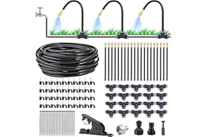 LPRAER Automatic Drip Irrigation Kit 66FT - DIY Garden Watering System with 20Pcs 360°Adjustable Bendable Brass Mist Nozzles, Faucet Adapter, Hose & Cutters for Greenhouse Yard Cooling Humidifying