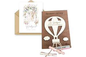 WOODLAND MAIL Hochzeit Geldgeschenk - Heißluftballon aus Holz, Geld zur Hochzeit zu verschenken mit einer hochwertigen Hochzeitskarte (Heissluftballon)