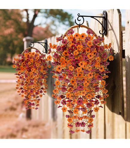 Seidenblumen Ampeln CEWUDA 4 Kunstblumen-Hängepflanzen Herbst (76 Cm) – UV-beständig, Wetterfest, Burgunderrot & Gelb, Für Garten, Terrasse & Balkon