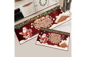 Hoimlm Set di 2 tappetini da cucina di Natale, tappeti natalizi lavabili antiscivolo per corridoio, soggiorno, cucina, Lavanderia (Natale Rosso E, 43x150 cm+43x75 cm)