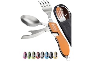Orblue Paquete de 2 utensilios de camping 4 en 1 – Cuchara portátil de acero inoxidable para camping, tenedor, cuchillo y abridor de latas/botellas – Utensilios de embalaje con funda