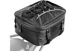 VEVOR Bolsa Trasera a Asiento de Motocicleta 22-34 L, con Funda Impermeable para Lluvia, para Portaequipajes, con Correas y Cordón Elástico, Tela Oxford 1680D Cuero PU, 390 x 310 x 295 mm, Negro