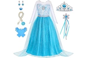 Foierp Elsa Kostüm Mädchen: 9-teiliges Set Elsa Kleid mit Krone Diadem Zauberstab Handschuhe für Halloween Cosplay Weihnachten Geburtstag Party