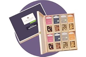WELLNUSS Geschenkset für Männer "Herrenabend" mit edlen Nussmischungen | 8 Premium Snacks in der Birkenholzbox (8 x 60-70 g) | Vegan | Geschenk für Mann, Freund, Papa, Opa zum Geburtstag, Vatertag