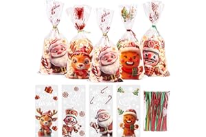 SULOLI 120pcs Sachet Bonbon Noël, Sachet Plastique Transparent avec 150 Bandes Torsadées-Sac de Biscuits et de Cadeaux (Mignon)