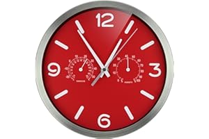 Bresser MyTime ND zegar sterowany radiowo, z bezgłośnym radiowym mechanizmem zegarowym, ramą ze stali nierdzewnej i wskaźnikiem temperatury i wilgotności powietrza, czerwony, 250 x 250 mm