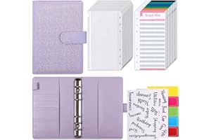 PUZAUKAL A6 Budget Binder PU Leather Money Saving Wallet Budget Planner with 12pcs Cash Envelopes,12pcs Budget Sheets and Label Stickers,Cash Stuffing Binder for Home/Office/Travel-Purple