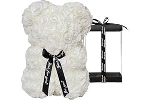 DuHouse Rose Bär Rose Teddybär Blume Geschenk Black Box für Valentinstag Jahrestag Muttertag Weihnachten, Geburtstage Bridal Showers Vollständig handgefertigt 25,4 cm Blume Bär (weiß)