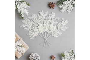 HOPTON 10Pcs Artificial Christmas Leaves Picks,White Glitter Needles Branches,Christmas Tree Picks,DIY christmas Glitter Leaves for Xmas Trees,Xmas Wreath Decorations,Festival and Wedding Decorations