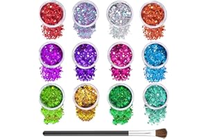 Sugeru®Glitter Brillantini Make Up-12 Colori Set,Glitter Corpo,per Capelli,Viso,Occhi,Unghie,Labbra,per Musica, Festival, Feste in Maschera,Argento.Fluorescente Paillettes Brillantini (12-10g/pcs)