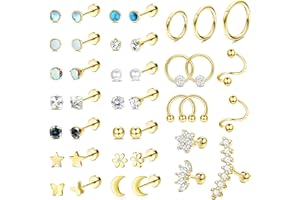 MILACOLATO zestaw kolczyków sztyftów ze stali chirurgicznej do chrząstki dla kobiet i mężczyzn, małe kolczyki sztyfty z opalem CZ z płaskim tyłem, srebrne, złote kolczyki 20 g, przegroda spirala, koncha, dith, tragus biżuteria do piercingu 38/40 szt.