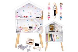 Green series Kinderplay Duży Drewniany Domek dla Lalek – Domek dla Lalki, pasuje do lalki Barbie, zawiera 22 akcesoria plus 5 lalek w zestawie, model GS0024