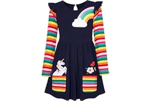 SFreeBo Mädchen Kleider Einhorn Regenbogen Kleid Kinder Mädchen Geschenk Baumwolle Bunt Kleider für Mädchen 104 110 116 122 128