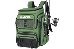 PLUSINNO Mochila de pesca con portacañas, gran bolsa de pesca resistente al agua, almacenamiento de equipo de pesca, camping, senderismo, regalos para amantes de la pesca, camuflaje negro