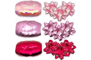 MIJOMA Set Ringelband Polyband Geschenk-Band Geschenkschleifen zum Basteln und Verpacken - glänzend & matt sortiert (3 Rollen Geschenkband + 9 Geschenkschleifen, rosa - pink - violett)