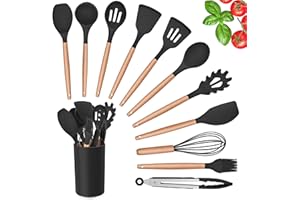 Herogo Set di utensili da cucina, 12 utensili da cucina, in silicone, con supporto, resistente al calore, set di pentole con manico in legno, set di spatole antiaderenti, colore nero