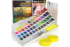 Nicpro 48 Farben Aquarellfarben Set mit 8 Eichhörnchen Malpinseln, 25 Aquarellpapier, 2 Wasserpinselstiften, Palette, Schwamm, Künstlerbedarfsset für Künstler, Erwachsene
