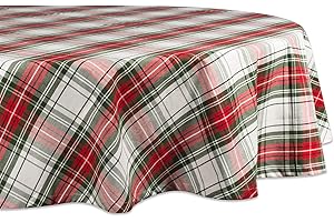 DII Tartan Plaid Collection świąteczny stół do jadalni i wystrój kuchni, okrągły obrus bożonarodzeniowy, 178 cm okrągły, czerwony, zielony i biały